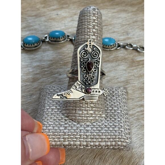 Native American SW Sterling Red Rose Pink Dahlia Western Cowboy Barbie Boot Ring - Picture 3 of 12